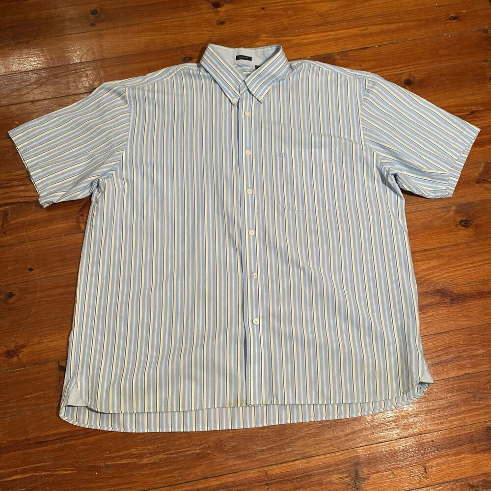 IZOD EASY CARE Men's Button Down Blue Yellow Striped Short Sleeve Shirt XL